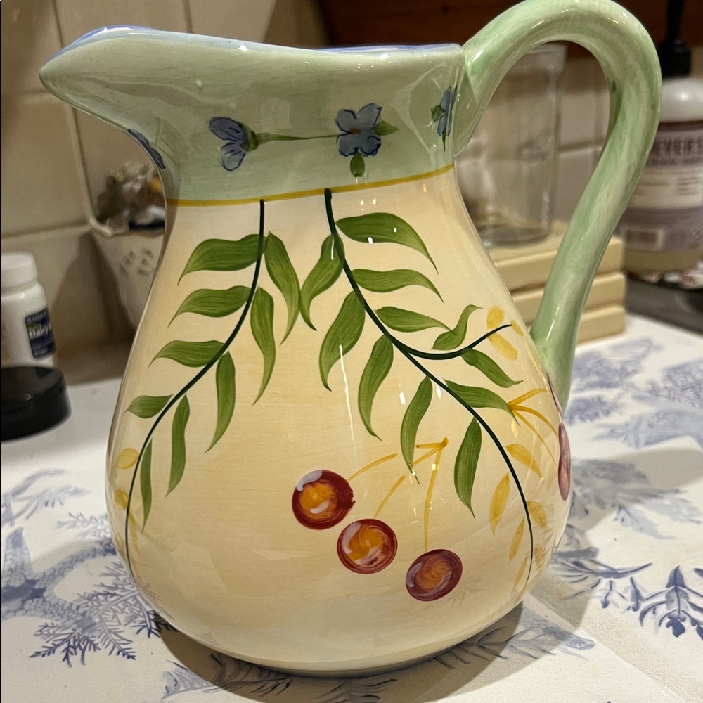 Floral Ceramic Pitcher with Green and Red Accents
